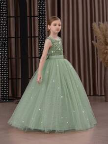 少女亮片3D蝴蝶结薄纱派对礼服，薄荷绿优雅长裙，适合女孩生日派对、舞会、婚礼、感恩节、毕业典礼等场合。 - 薄荷綠 - 查看 3