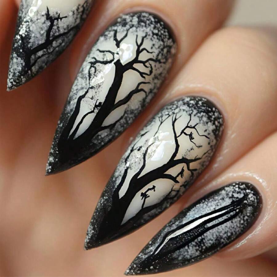 24Pcs Halloween Medium Almond Press On Nails Withered Tree Fake Nails With Designs Glossy Artificial Nude Full Cover Stick On Nails Halloween Nails For Women Nail Art,17114482 - 駝色 - 查看 1