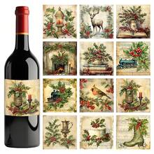 12pcs Vintage Christmas Berry Wine Bottle Label Stickers, Christmas Party Decorations, Xmas Gift Wrapping Labels, Festive Bottle Decals For Christmas And New Year Celebrations
