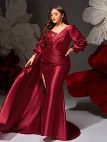 VIPGIRL Plus Size Wine Red Sequin Long Sleeve V-Neck High Slit Evening Gown, Heavy Beaded Formal Maxi Dress For Curvy Women, Slimming Banquet Dress, Luxury Couture Party Gown