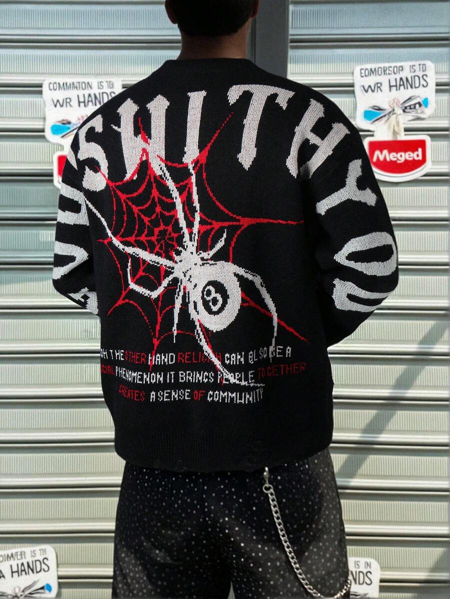 ANDREILEE 男女通用抽象深色十字蜘蛛网图案做旧宽松套头针织衫，休闲通勤百搭，春秋冬季 - 黑色 - 查看 1