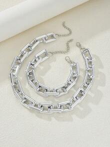 2pcs Vintage Fashionable Exaggerated Hip-Hop Style Metal Hollow Geometric Chain Necklace & Bracelet 2-In-1 Gold Jewelry Set, Minimalist Punk Street Style Layered Choker Necklace, Suitable For Parties, Dates, Holidays, Gifts