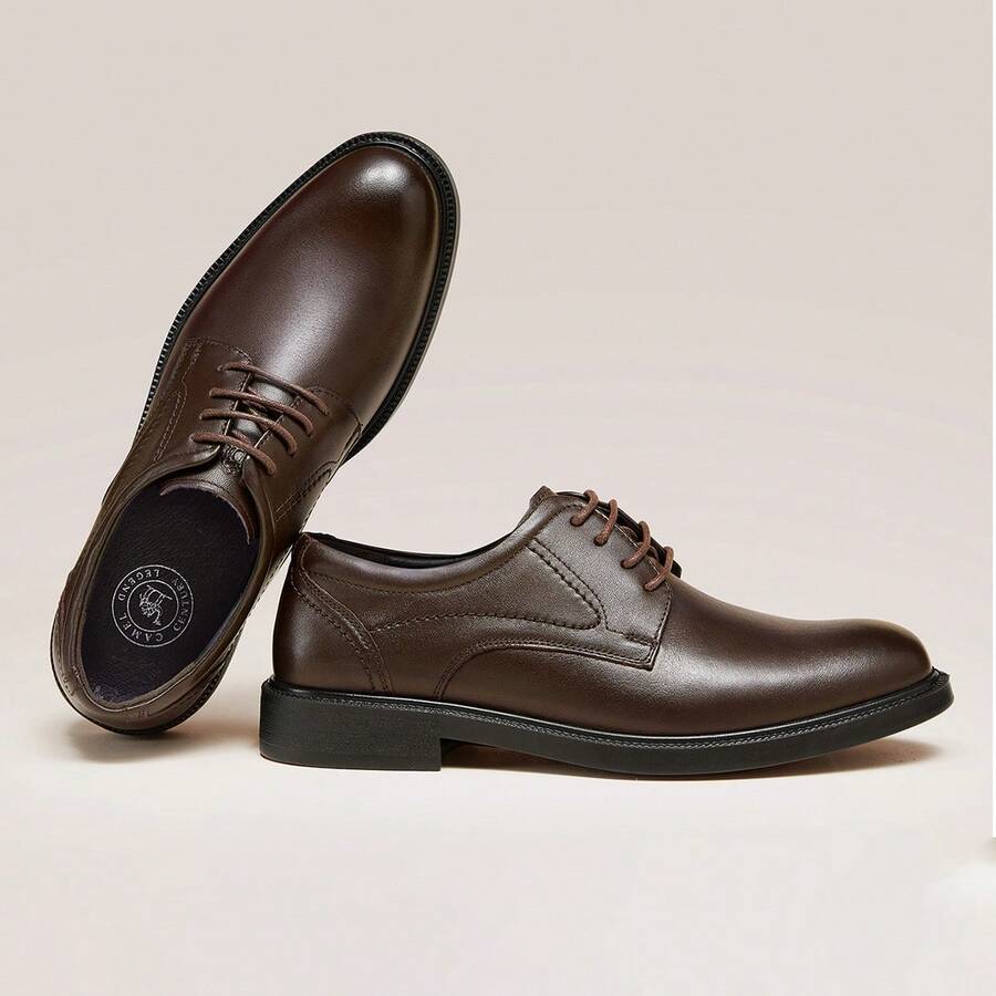 CAMEL CROWN أحذية جلدية رسمية للرجال، أحذية جلدية أصلية مرتفعة الكعب للعريس في حفلات الزفاف الرسمية، أحذية ديربي للعريس بمقاسات كبيرة - بني - مشاهدة 1