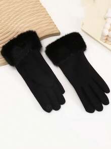 1 par de guantes de dedo completo de unicolor, elegantes y casuales, de poliéster con pantalla táctil, con forro cálido, de moda para mujer, para otoño/invierno