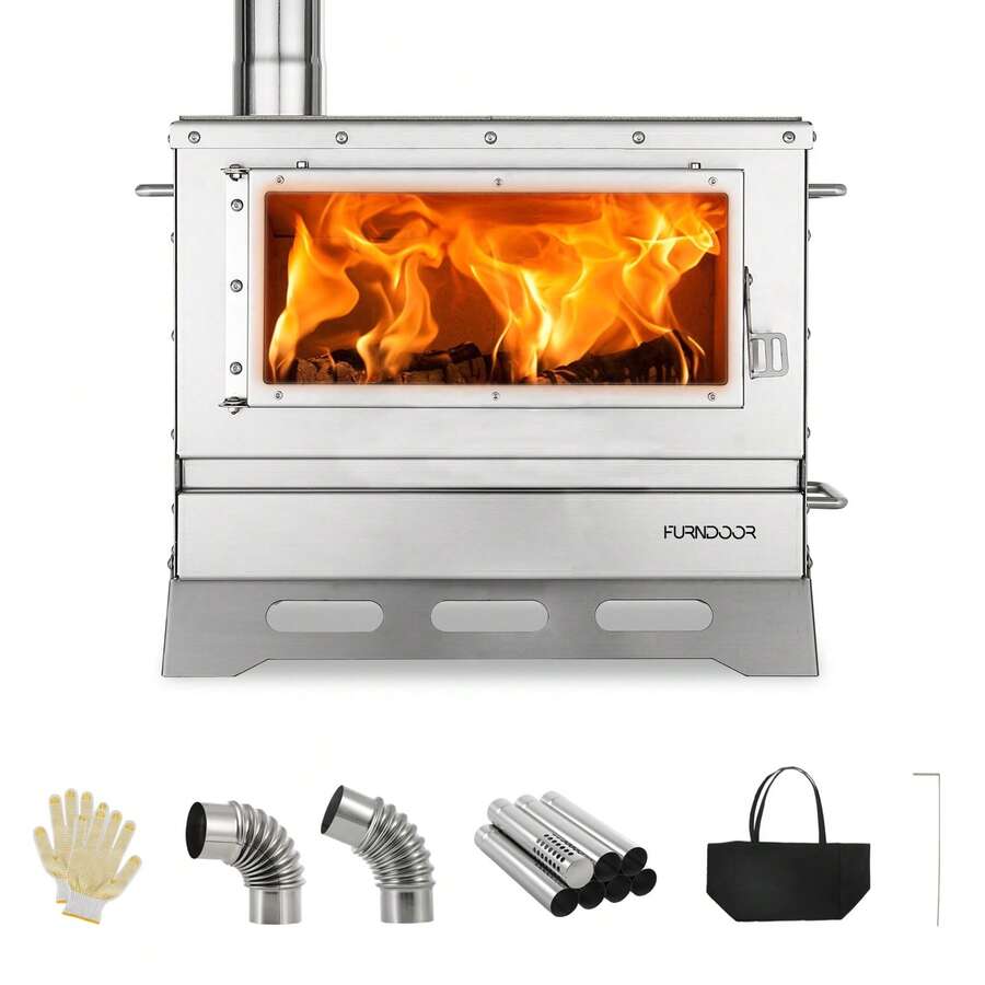 Hot Tent Stove Wood Burning With Chimney Pipe, Portable Folding Tent Wood Stoves Include View Glass & Carry Bag For Outdoor Heating, Cooking, Hunting