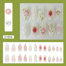 Cute Rabbit Press On Nails Medium Length Almond Fake Nails 3D Pink Flowers False Nails With Pearls Charms Designs Nails Strawberry Bamboo Leaves Acrylic Nails Bow Star Stick On Nails For Women 24Pcs,17114394 - 淺藍色 - 查看 2