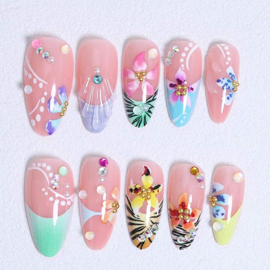 Colorful Flowers Press On Nails Medium Length Almond French Fake Nails 3D Cute Lily Floral False Nails With Rhinestone Beads Charms Design Nails Tiger Stripes French Tip Acrylic Nails For Women 24Pcs,17114403 - 黃色 - 查看 1
