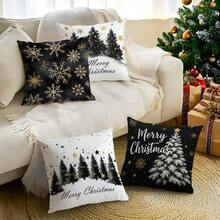 1 Stück/4 Stücke Schwarz & Weiß Weihnachtsbaum & Schneeflocken Muster Kissenbezug, einseitig bedruckter Kissenbezug, geeignet für Wohnzimmer, Schlafzimmer, Heimdekoration, ganzjährig