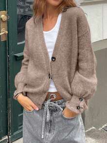 Sweter zimowy Just Masa dla kobiet, swobodny, elegancki, w jednolitym brązowym kolorze, z guzikami z przodu i dekoltem w serek, z długim rękawem