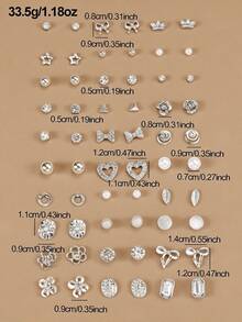 30pcs/Set Minimalist Bow, Flower, Pearl & Metal Cute Sweet Style Earrings Set For Girls - Silver - View 3