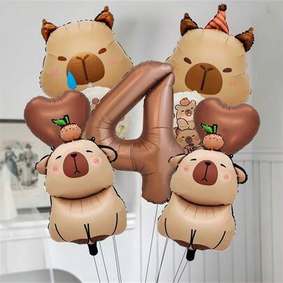 Cabibara主题气球套装，棕色，复古浅米色，配备Cabibara和圆形异形铝箔气球，适合儿童宝宝生日派对和性别揭秘派对