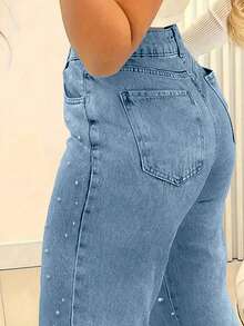 Women's Multi-Pocket Straight Jeans With Pearl Design, Women's Casual And Versatile Jeans Pantalones De Mujer Jean - Blue - View 3