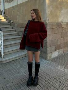 Senya 女士秋冬圆领长袖轻薄针织羊毛衫，侧开衩直袖设计，日常通勤百搭针织套头衫，新年必备 - 酒紅色 - 查看 4