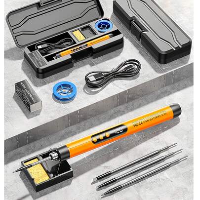 1 Set de Soldador Mini Ajustable de Temperatura, Soldador Portátil Recargable por USB para Reparación de Electrodomésticos, Joyería, Proyectos DIY - Incluye Soldador, 3/1 Puntas de Soldadura, Soporte, Resina, Caja de Almacenamiento