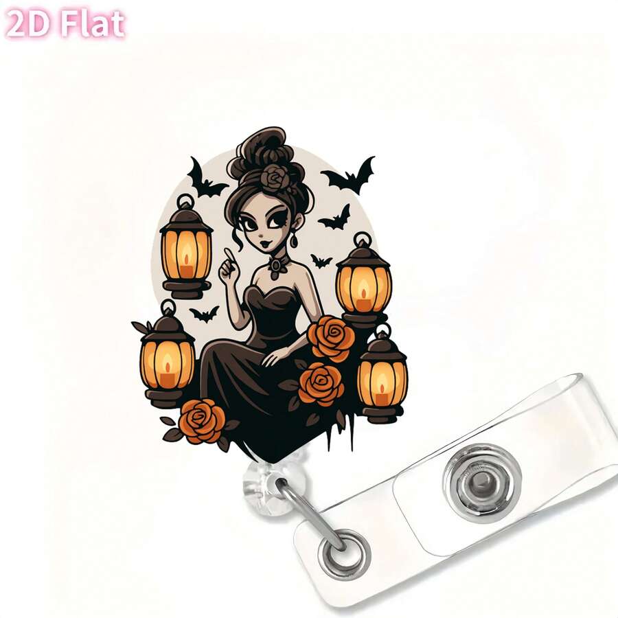 حامل بطاقة الهوية القابل للسحب ذو موضوع هالوين 2D غير ثلاثي الأبعاد - حامل بطاقة اسم أكريليك، مناسب للعمل في المستشفى، هدايا العطلات، تعريف مكان العمل، اكسسوارات الاحتفالات، تصميم سحب سلس، بناء متين، حصري للممرضات والأطباء والعاملين الطبيين