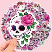 50pcs Matte Halloween Pink Skull Stickers, Suitable For Asymmetrical Shaped Phone Cases, Laptops, Water Bottles, Scrapbooks, Diaries - Multicolor - View 4