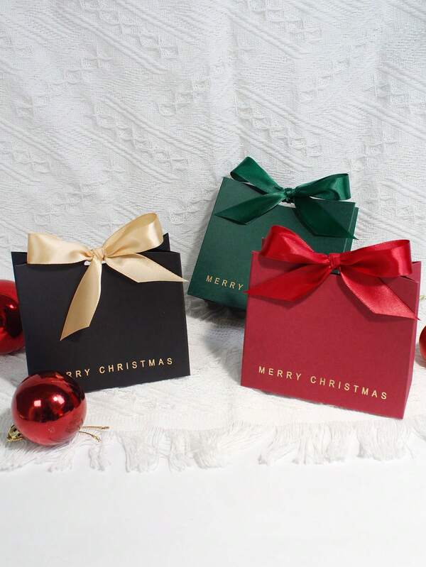 5pcs Christmas Gift Box With Ribbon Bow, Elegant Merry Christmas Party Favor Packaging, Small Treat Box For Holiday Candy, Jewelry, Cookies, Wedding Birthday Party Decoration, Black Box