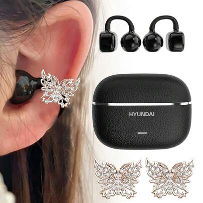  Tai nghe Bluetooth thời trang HYUNDAI HY-C03 kèm kẹp tai nghe hình cánh bướm, kiểu dáng hở tai, thời lượng pin dài, độ trễ thấp, âm thanh vòm, nhạc chất lượng cao, chơi game, gọi điện, khử tiếng ồn, tai nghe thể thao không dây, không cần xỏ khuyên, phụ kiện khuyên tai thời trang, quà tặng cho phái nữ