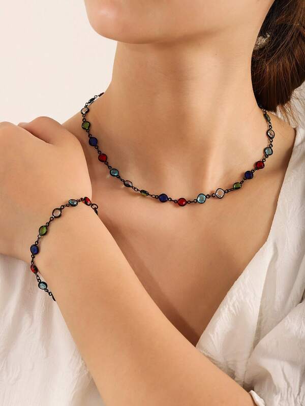 1 Set de Collar y Pulsera de Joyería Elegante, Versátil y Colorida con Cristales, Adecuado para Uso Diario de Mujeres