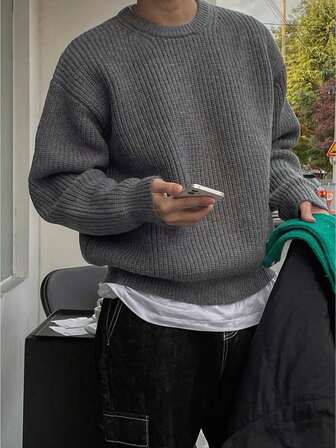 1pc Boy & Boys' Simple Solid Color Comfortable Casual Outdoor Loose Hollow Knit Sweater, Crew Neck Pullover, Thick For Autumn/Winter