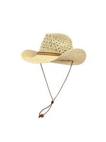 1 件纯色休闲波西米亚纸镂空草帽，西部牛仔帽，百搭时尚简约设计，防风系带，男女通用，适合所有季节