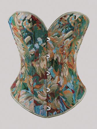 Plus Size Floral Print Lace Up Corset Top Vintage Women Holiday Party Tops For Oktoberfestin Munich ,Halloween,Christmas,New Year,Valentine's Day