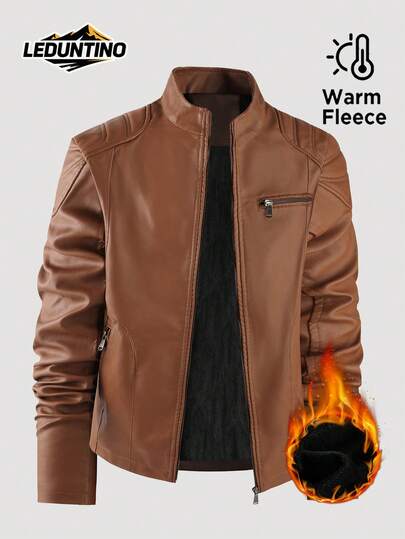 LEDUNTINO Men's Fashion Zipper Casual Outdoor Fleece Leather Jacket, Sports Style, Solid Color, Bomber Jacket, Boyfriend Gift, Men's Autumn/Winter Windproof Leather Jacket, Stand Collar, Motorcycle Leather Jacket, Spring/Autumn Men's Leather Jacket Coat