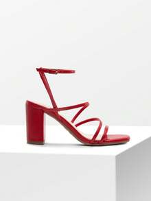 Women Wide-Fit Chunky Block High Heeled Sandals, Fashion Thin Strap Open Toe High Heeled Sandals Wedding Party Dress Shoes - 紅色 - 查看 2