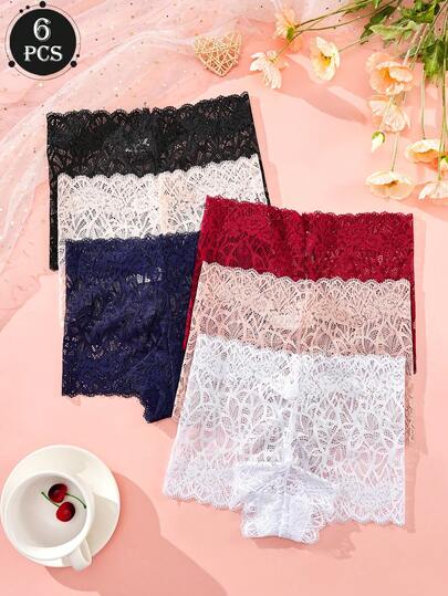 6 peças cuecas boxer femininas sexy de renda vazada translúcida de cintura média, calcinhas românticas francesas vintage com charme maduro, roupa íntima casual e confortável para todas as estações, presente para festa em casa, viagem, Halloween e Natal