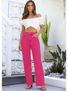 Jeans High Waisted Straight Leg Loose Jeanshalloween - 玫紅色 - 查看 2
