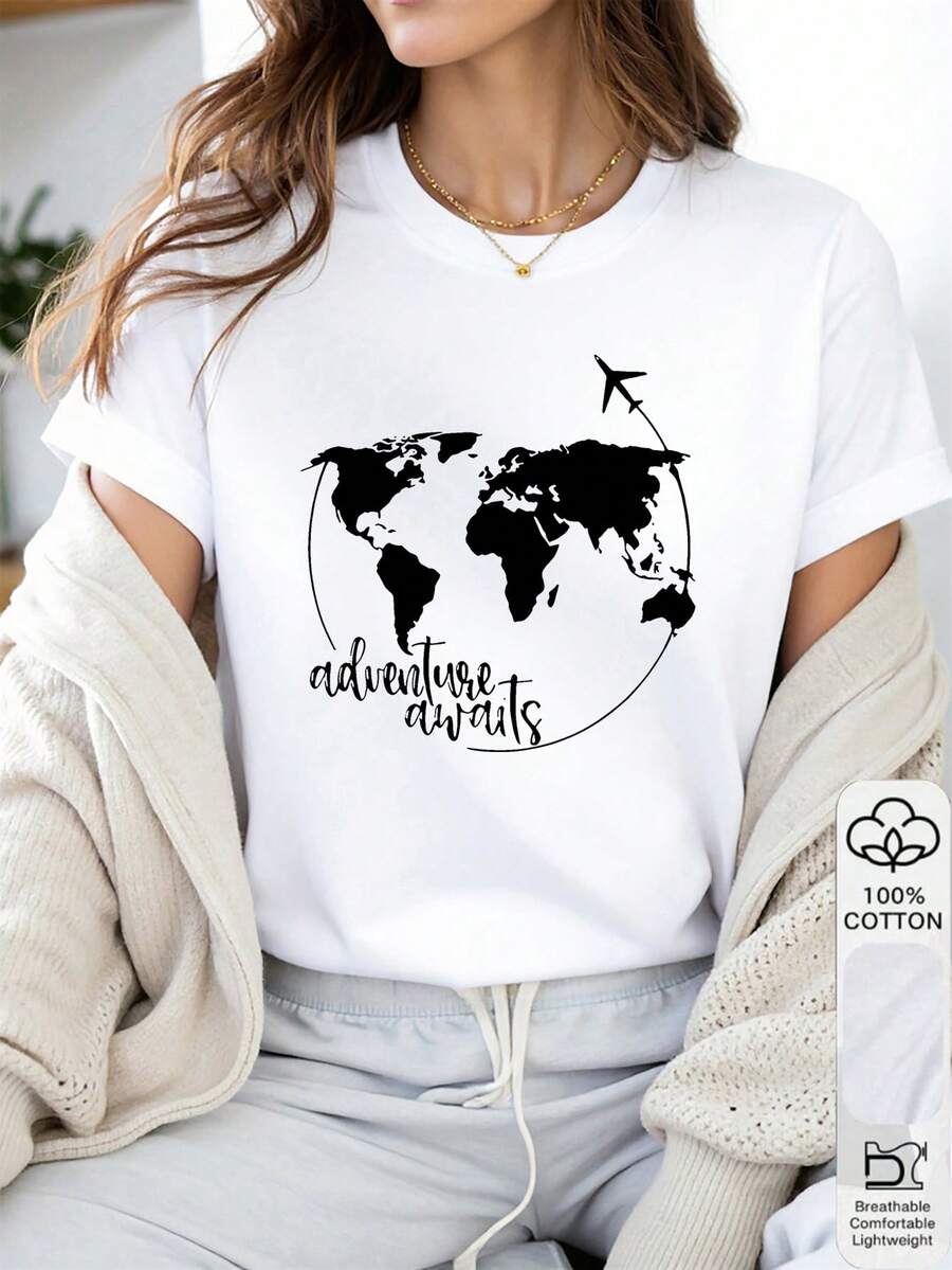 1pc 100% Cotton Adventure Awaits World Map Print Women's Short Sleeve TShirt, The Perfect Birthday Gift, Holiday Present - White - View 1