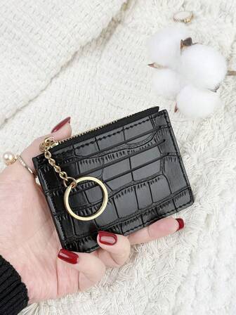 石纹鳄鱼纹PU便携拉链超薄简约小号6卡包多卡位钱包时尚男女短款钱包简约日常女士钱包迷你钱包零钱包秋季钱包钥匙扣卡包