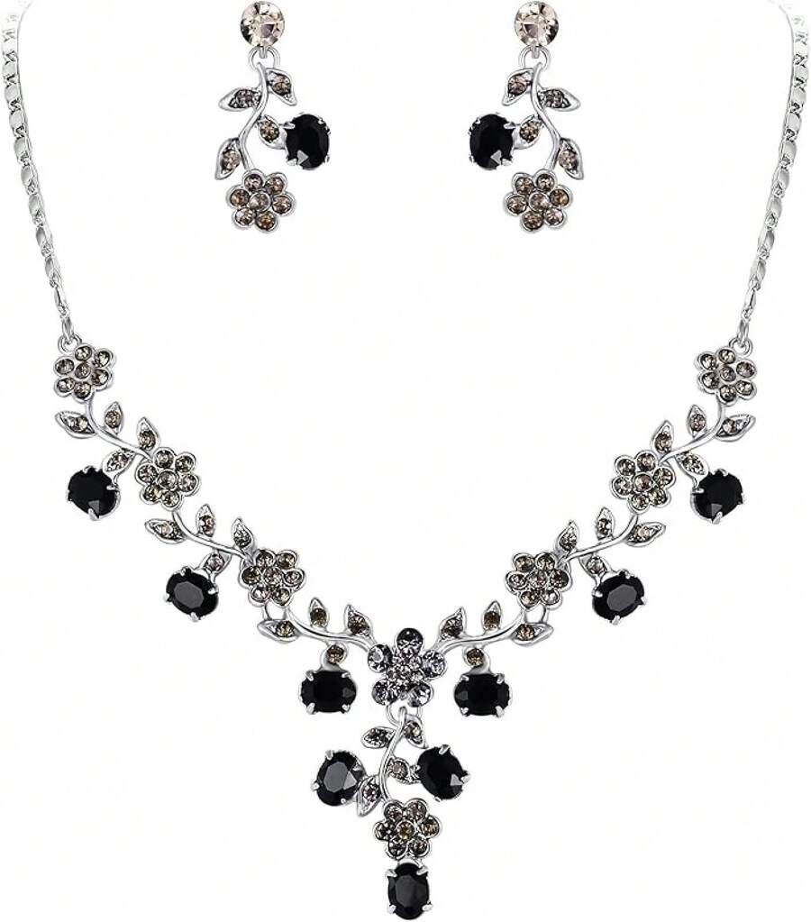 Cristal Austriaco Bola de Boda Flor Hoja Collar Pendientes Conjunto Iridiscente - Negro Plateado - Ver 1
