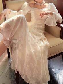 Đầm dạ hội thanh lịch, sang trọng kiểu Pháp tay dài, ôm sát, phong cách vintage mùa xuân hè, thích hợp cho tiệc sinh nhật, đám cưới. - Màu be - Xem 4