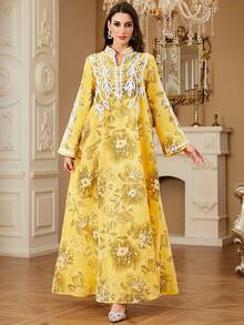 Women's Long Robe Muslim Long Sleeve Embroidered Random Print Maxi Kaftan Dubai Arabic Elegant Dress - Yellow - View 4