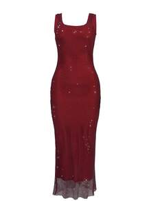 Elisanya Elegant Sexy Straps Sequins Mesh Sparkly Rhinestone Halter Dress Female Temperament Party Birthday Graduation - Red - View 6