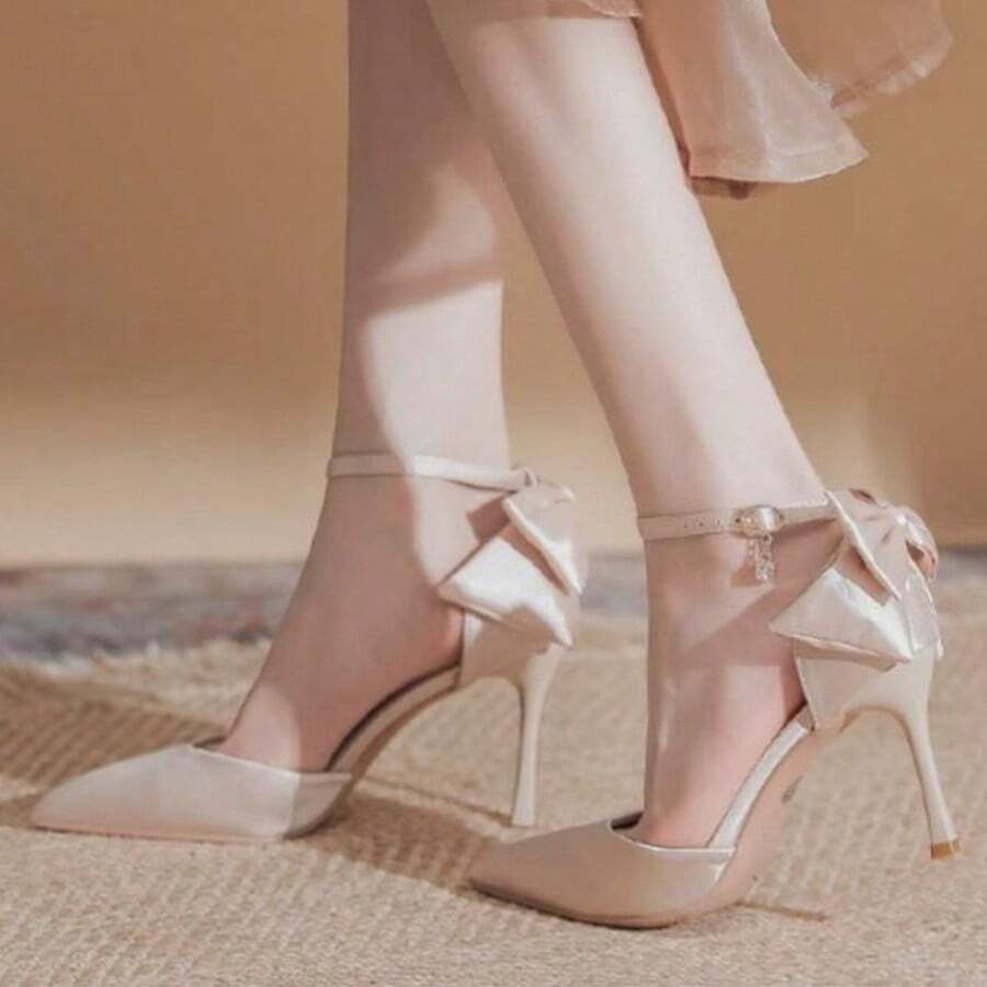 Zapatos de tacón elegantes de estilo francés para mujer, con adorno de lazo en el talón, tacón fino de color liso y puntera puntiaguda, ideales para bodas. - Rosa - Ver 1