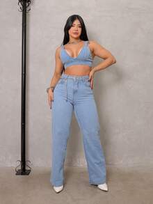 Top Cropped Feminino Jeans Moderno Tendencia verão Beach wear Blogueira
