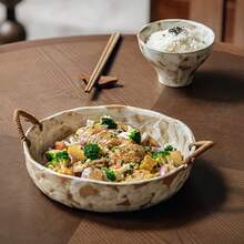 1pc 8"/10" Vintage Handmade Coarse Pottery Rope Handle Bowl, Retro Deep Plate, Housewarming Bowl, Fruit Bowl