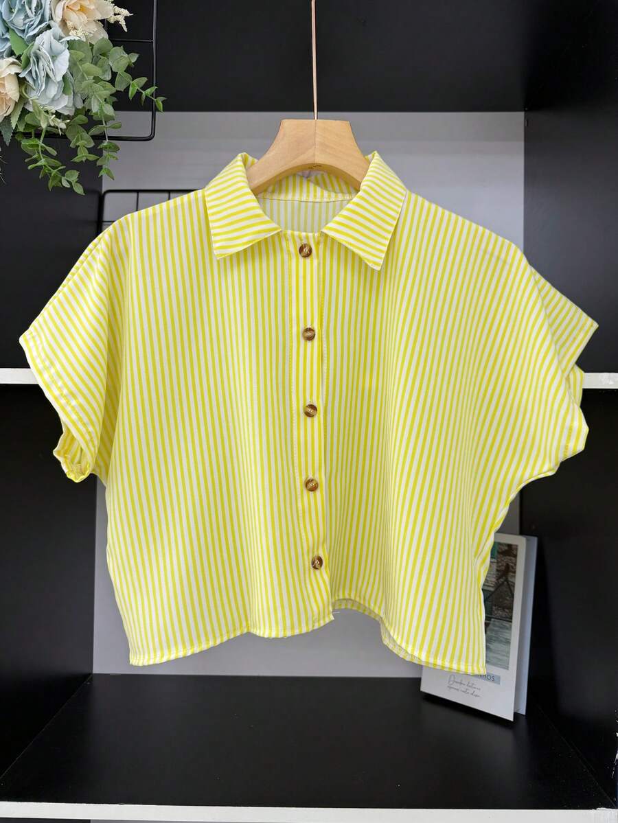 ELLIE Casual Striped Print Loose And Cropped Shirt - 黃色條紋 - 查看 1