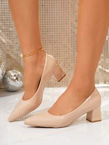 Chunky High Heel Pointed Toe Patent Leather Pumps, Elegant Fashion Versatile For Teenage Girls And Students, Spring/Autumn