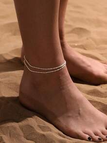 14K Gold Plated Multilayer Anklet Set For Women, Waterproof Cuban Chain Anklet, Multilayer Anklet Bracelet Set, Tarnish Resistant, Summer Beach Gold Jewelry Gift Silver Elegant Multilayer Anklet For Women - Silver - View 2