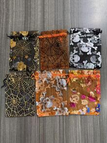 12/24 件万圣节和圣诞节欧根纱礼品袋，带抽绳封口 - 蜘蛛网、南瓜、蝙蝠和秋叶图案 - 耐用涤纶混纺糖果和派对礼品袋，适用于节日活动、万圣节配饰、季节性庆祝活动、装饰图案、闪光纹理、活动组织者 - 彩色 - 查看 9