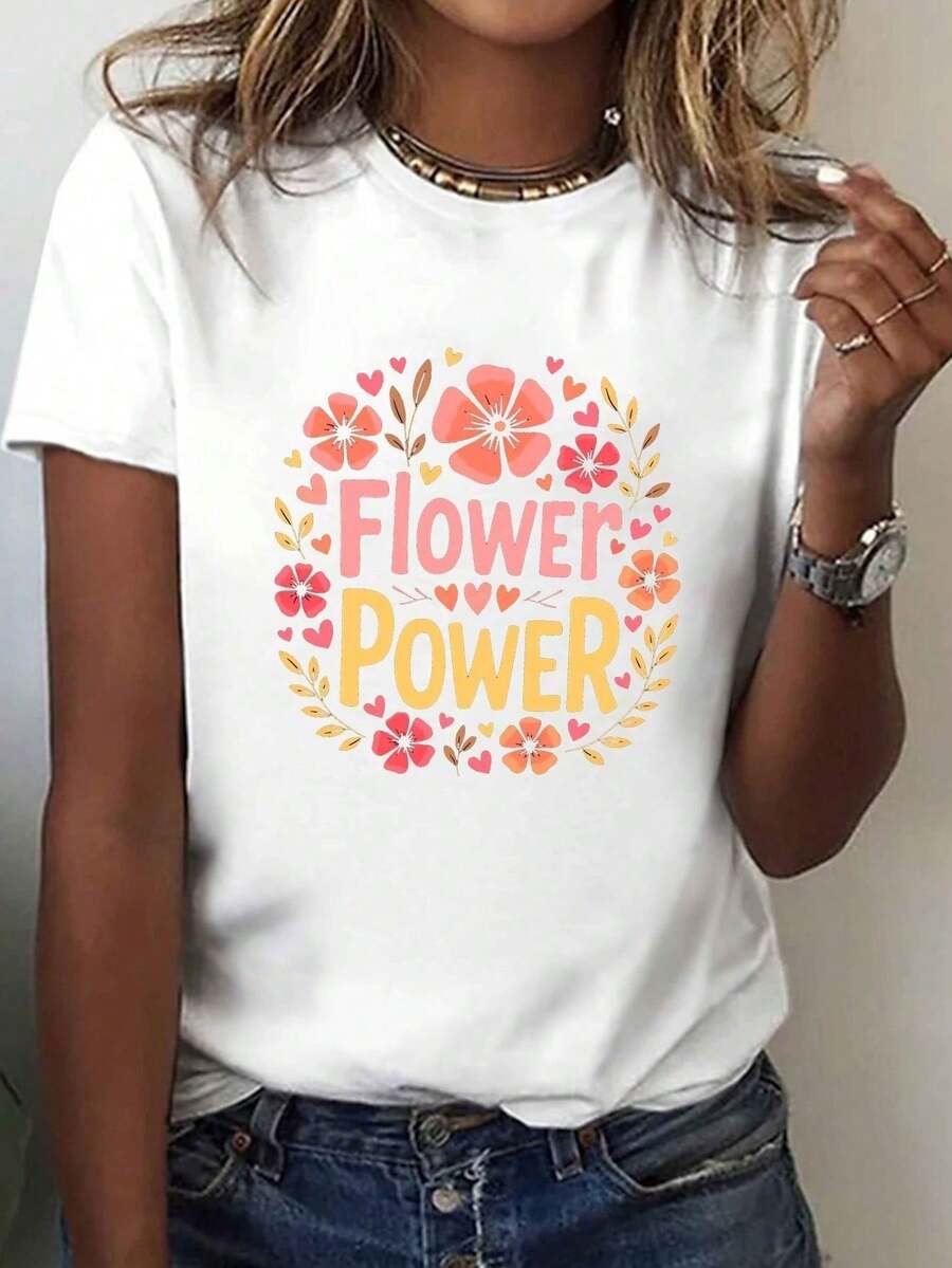 Casual Short-Sleeve Crew Neck T-Shirt Fall Women Clothes With A Flower Power Design, Perfect For Spring And Summer, Women'S Apparel. - White - View 1