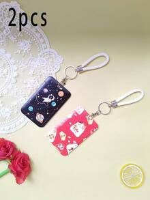 2Pcs/Set Card Cover For Attracting Wealth Cat Astronaut Cute Simple Durable Sliding Cover Multifunctional Hanging Rope Plastic Access Card Classic Cartoon Protective Cover
