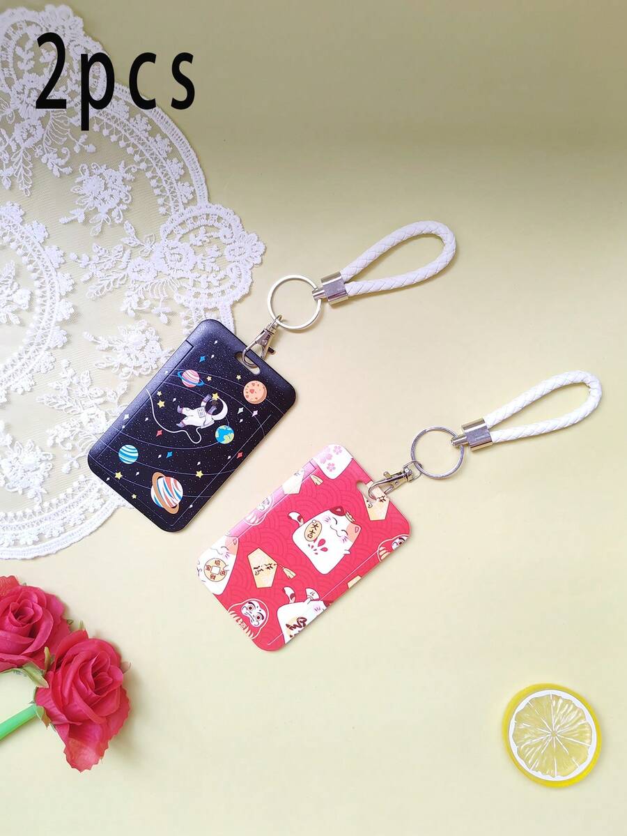 2Pcs/Set Card Cover For Attracting Wealth Cat Astronaut Cute Simple Durable Sliding Cover Multifunctional Hanging Rope Plastic Access Card Classic Cartoon Protective Cover