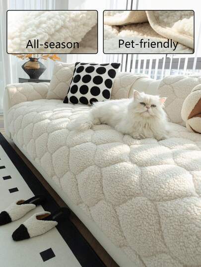 1pc Thick Teddy Plush Solid Color Sofa Cover, Pet Friendly Anti-Dirty Anti-Scratch, Suitable For All Seasons, Warm & Soft For Autumn/Winter, Home Decor For Holidays, Fits 1/2/3/4 Seater Sofa