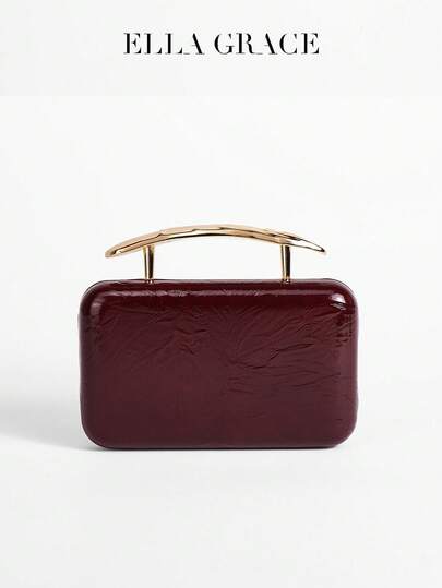 ELLA GRCE 风格勃艮第漆皮手拿包，配有雕刻金色手柄，适合参加高级活动或派对