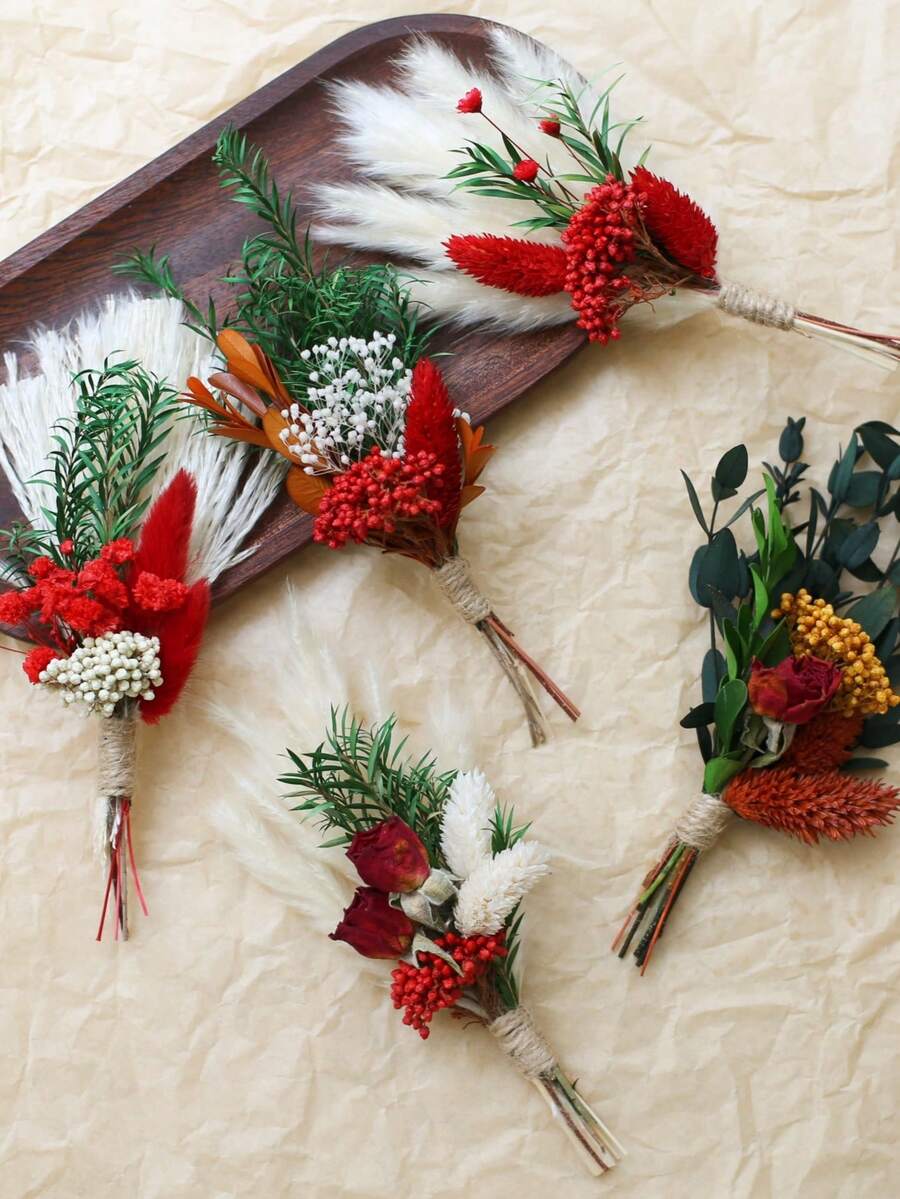 5 Pces Boho Dried Pampas Grass Bouquet Mini Various Natural Dried Flower Combinations With Stem Dried Embossing Flower Dry Floral Arrangement For Vase, Carfts, DIY, Wedding, Christmas & Home Decor