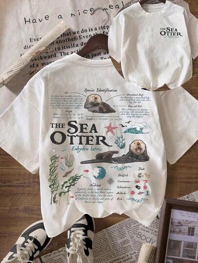 Vintage Sea Otter Biology Graphic Short Sleeve Casual Round Neck T-Shirt-Women's Soft Autumn 100% Cotton T-Shirt Casual Outer/Inner Wear Warm